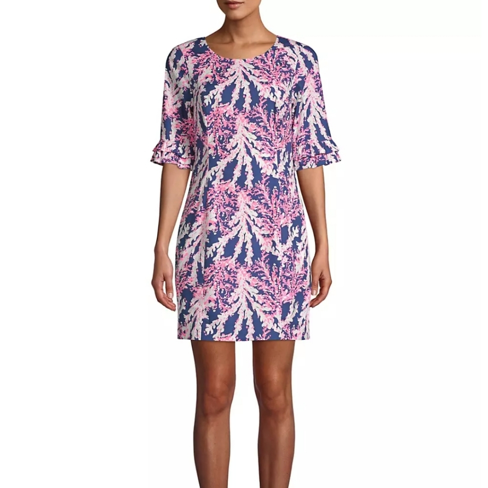 Lilly Pulitzer Navy Coral-Print Ruffle-Sleeve Midi Dress